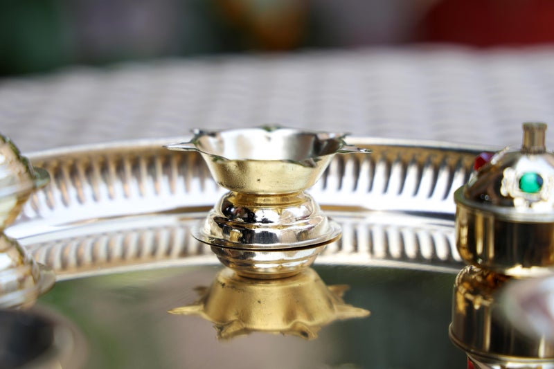 RUSTIC RELICS 9-Inch Brass Navratri Pooja Thali with Attached Diya, 2 Bowls, Agarbatti Stand, and Gold Finish Kumkum Bowl - Image 4