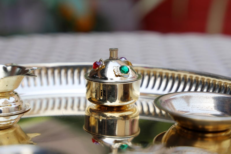 RUSTIC RELICS 9-Inch Brass Navratri Pooja Thali with Attached Diya, 2 Bowls, Agarbatti Stand, and Gold Finish Kumkum Bowl - Image 3