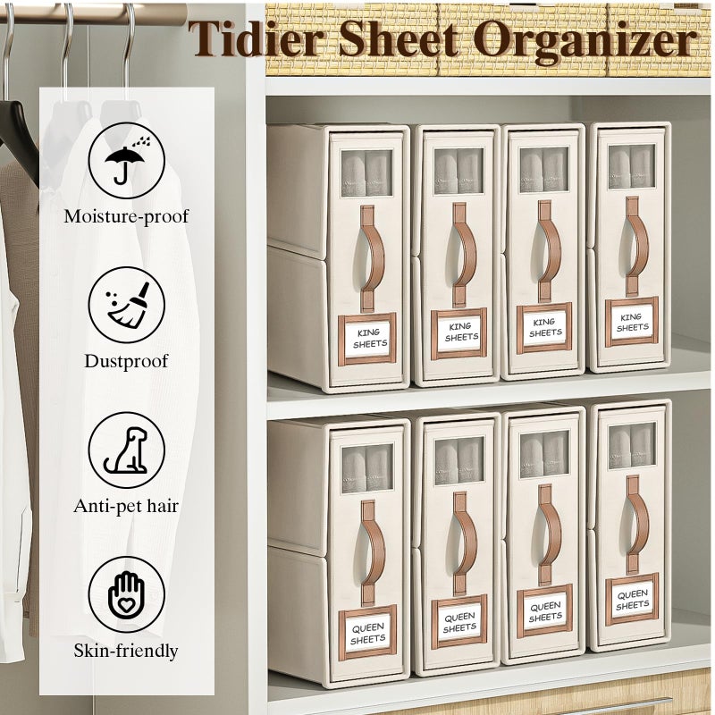 BigPonPon 4 Pack Foldable Bed Sheets Set Organizers and Storage(King & Queen Size),Linen Fabric Closet Organizers with Window,Folding Bedding Storage Box for Bedsheets and Pillow Cube Organizer-Beige - Image 5