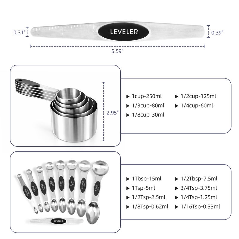 Strelitsia Magnetic Measuring Cups and Spoons Set, Strong N45 Magnets, 304 Stainless Steel, Double-Sided Measuring Spoons, 14-Piece Set with Leveler for Baking & Cooking - Image 3