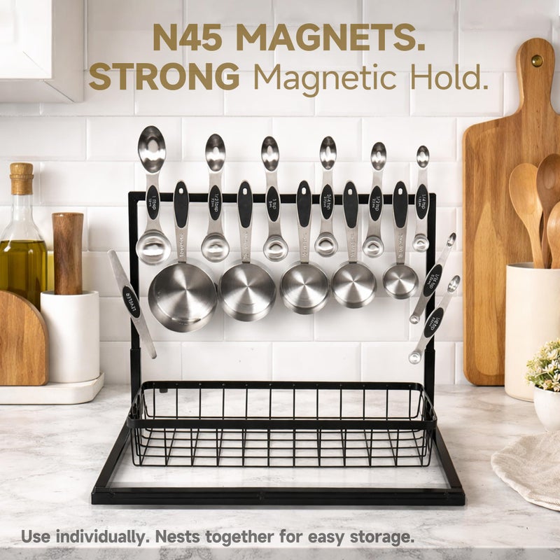 Strelitsia Magnetic Measuring Cups and Spoons Set, Strong N45 Magnets, 304 Stainless Steel, Double-Sided Measuring Spoons, 14-Piece Set with Leveler for Baking & Cooking - Image 2