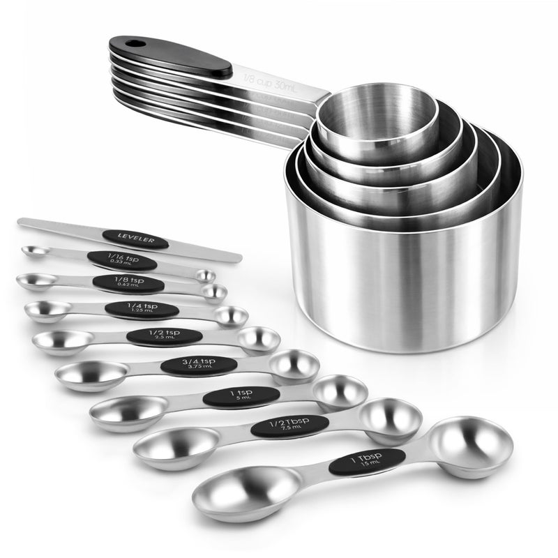 Strelitsia Magnetic Measuring Cups and Spoons Set, Strong N45 Magnets, 304 Stainless Steel, Double-Sided Measuring Spoons, 14-Piece Set with Leveler for Baking & Cooking - Image 1