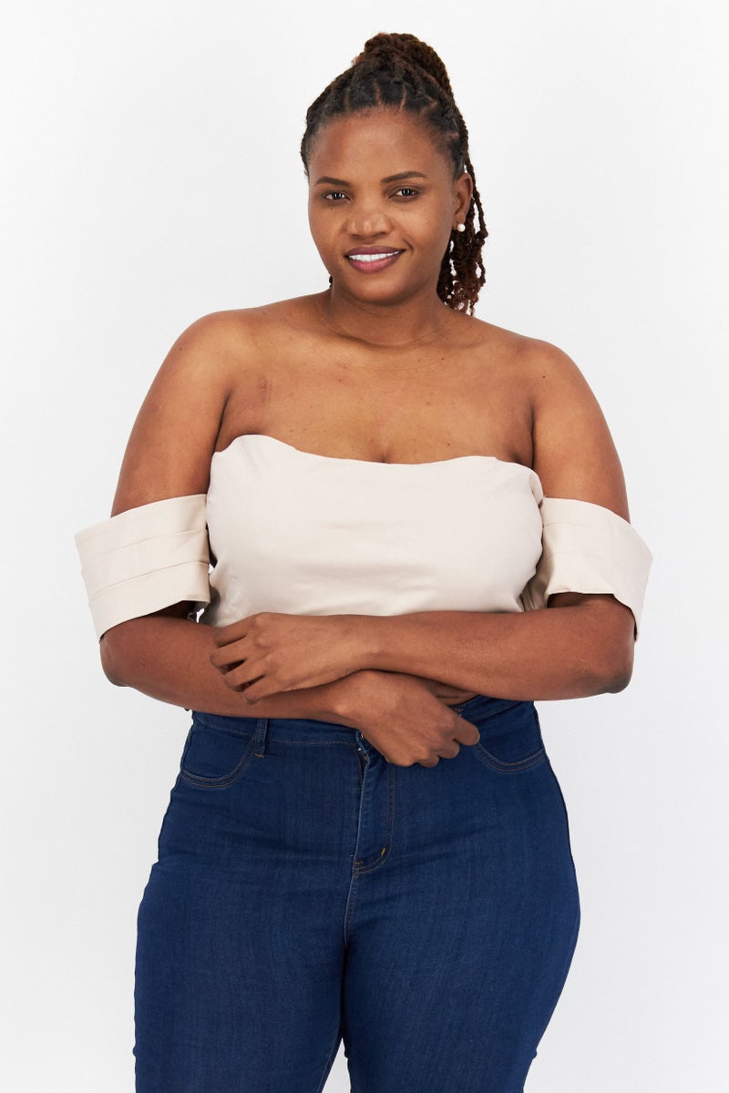 Vesper Women Plus Size Off Shoulder Short Sleeves Textured Crop Top, Beige - Image 1