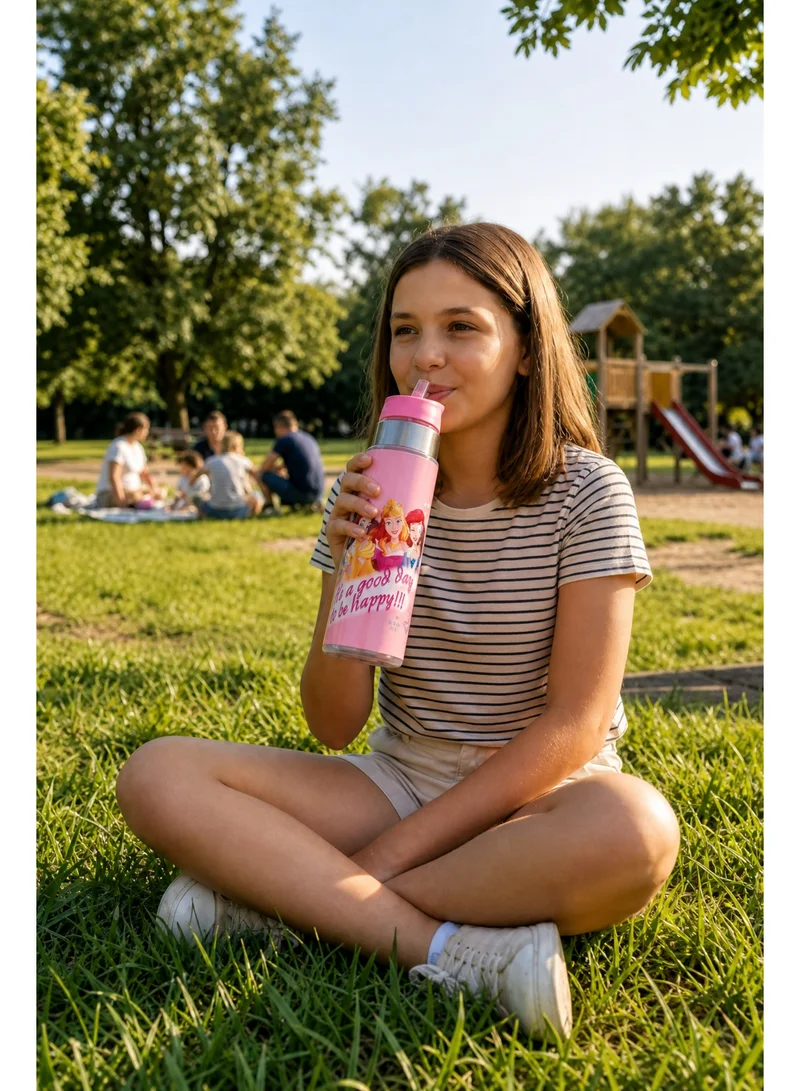ديزني Disney Princess Regular Water Bottle 650ml | Kids Plastic Water Bottle with Straw Lid | Disney Princess Reusable Drinking Bottle for School, Travel & Sports | Leak-Resistant Water Bottle