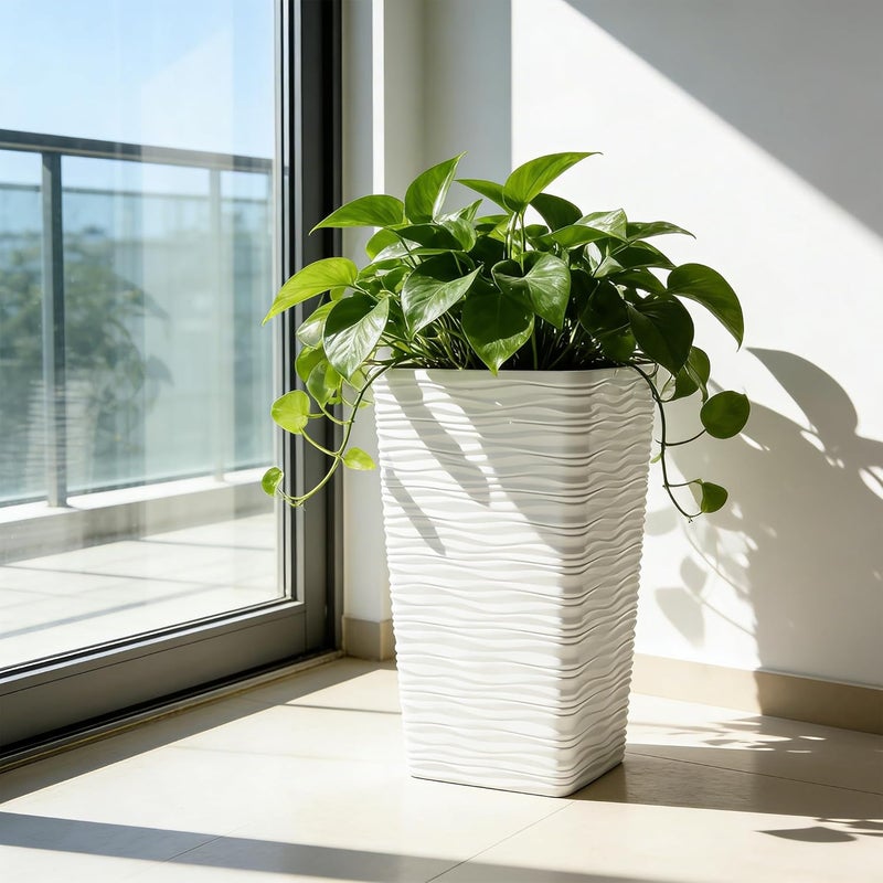 وورث حاويات زراعة مربعة طويلة من Garden بارتفاع 22 بوصة للنباتات الخارجية والأشجار الداخلية، مجموعة من 2 أواني زهور بيضاء كبيرة لحاويات الشرفة الأمامية، تشطيب مموج غير لامع حديث، سعة 7 جالون، للشرفة المنزلية والطابق السطحي - Image 3
