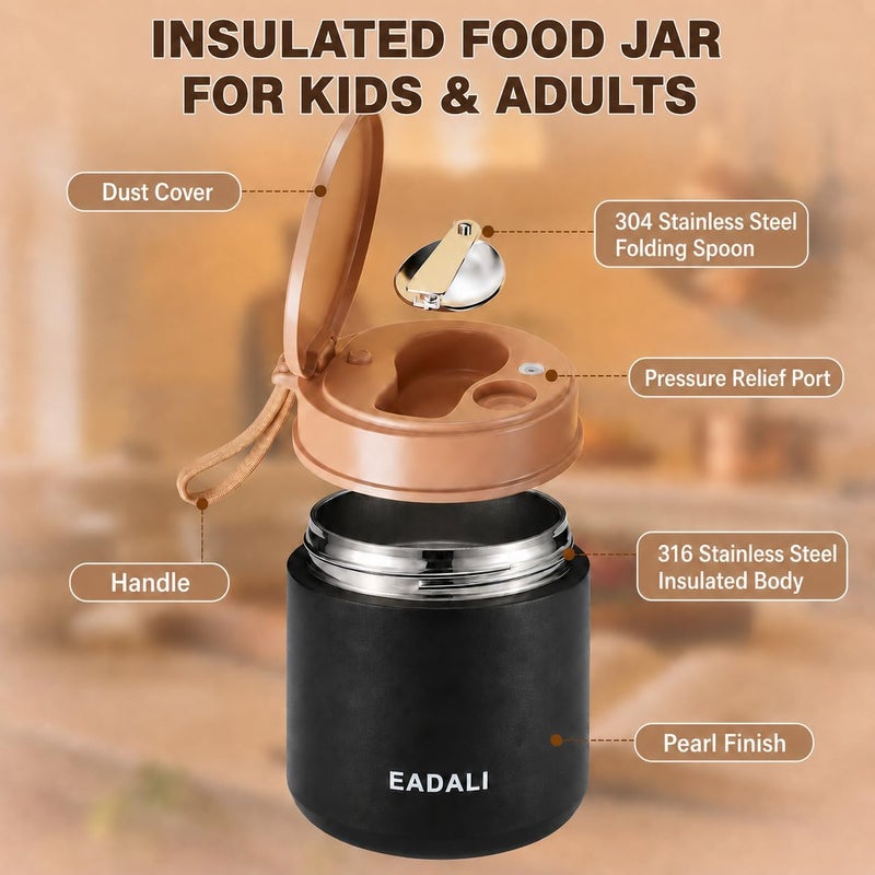 Eadali 15.2oz Kids Food Jar for Hot Food – Vacuum Insulated Lunch Container with 316 Stainless Steel Interior, Leakproof Wide Mouth & Foldable Spoon for School Meals - Image 4