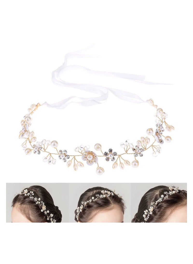 KASTWAVE Bride Hair Accessory Crystal Pearl Bridal Headband Flower Vine festival Wedding band Gold Headpiece Bands - Image 1