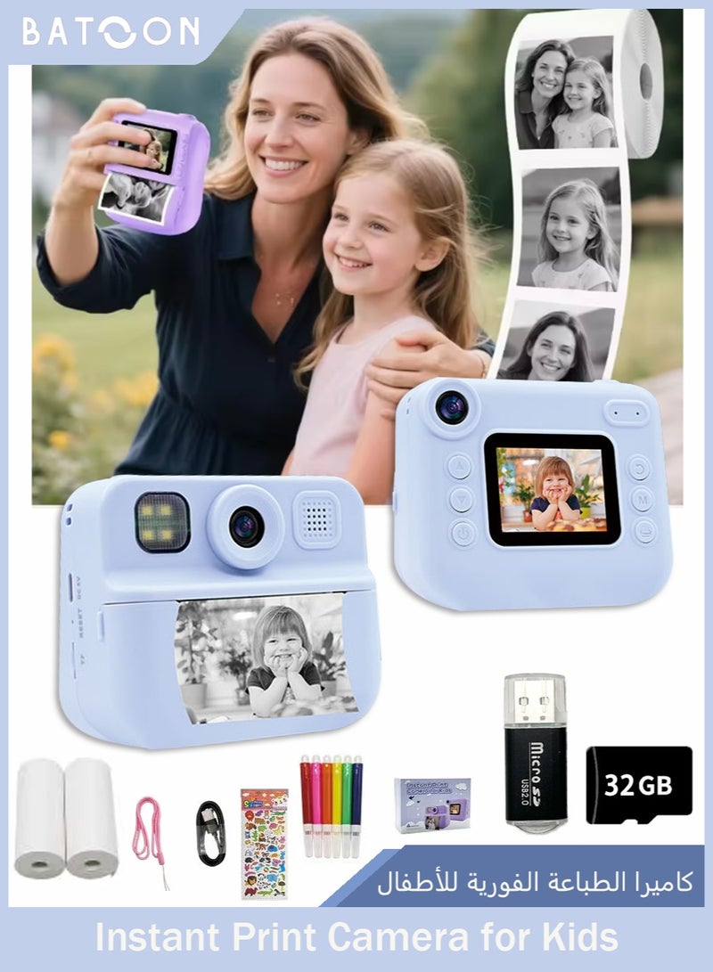 Batoon Kids Camera,Children Print Camera With flash,Instant Camera Toddler Digital Camera with 1080P HD Video Camera,2.0"IPS Screen Printing Instant Camera for Girls Boys 3-12, 3 Roll No-Ink Print Paper 32G SD Card(Blue) - Image 1