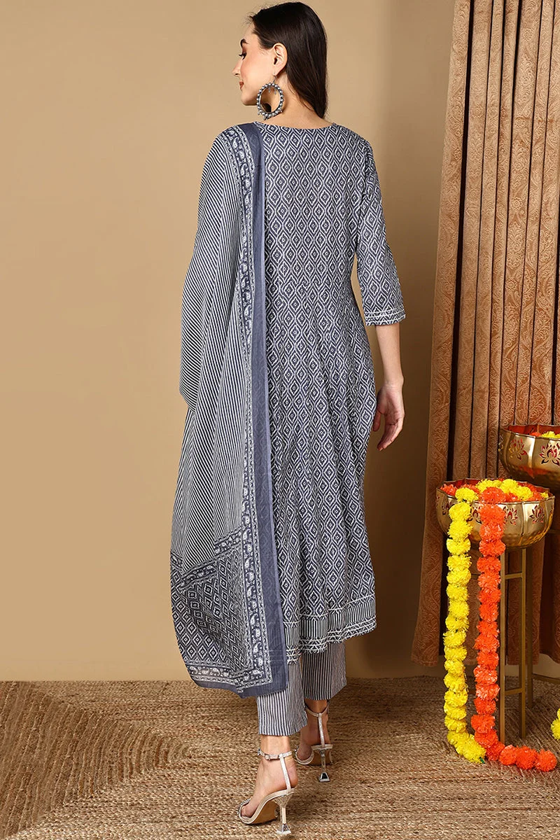 ZERESOUQ Grey Rayon Blend Geometric Printed A Line Kurta Set