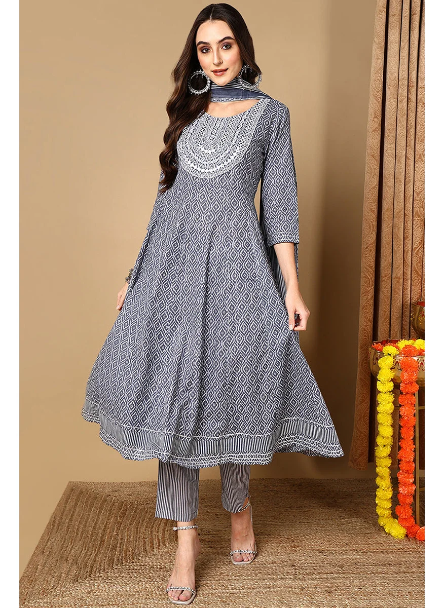 زيري سوق Grey Rayon Blend Geometric Printed A Line Kurta Set