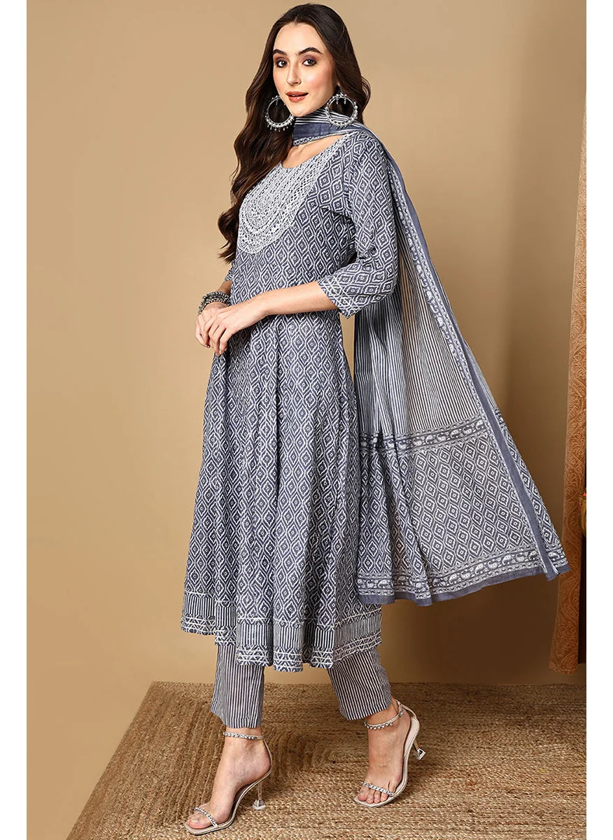 زيري سوق Grey Rayon Blend Geometric Printed A Line Kurta Set