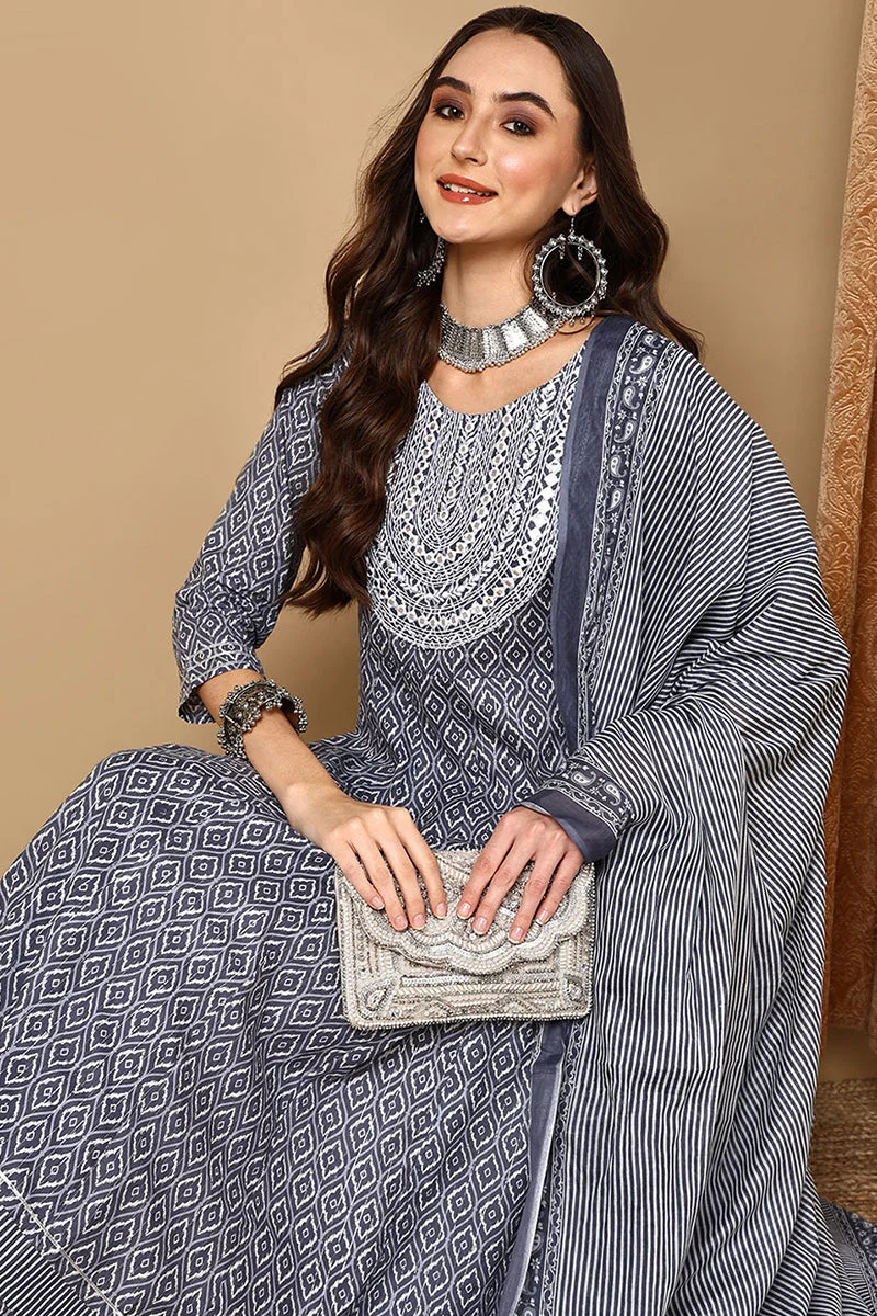 ZERESOUQ Grey Rayon Blend Geometric Printed A Line Kurta Set