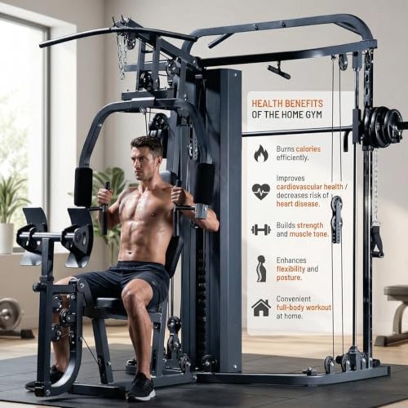 All-in-One Multi-Functional Home Gym Machine Smith Cable Crossover, 138lbs 63kg Stack Weights, Chest and Pec Deck, Heavy-Duty Frame, Full-Body Workout - Image 2