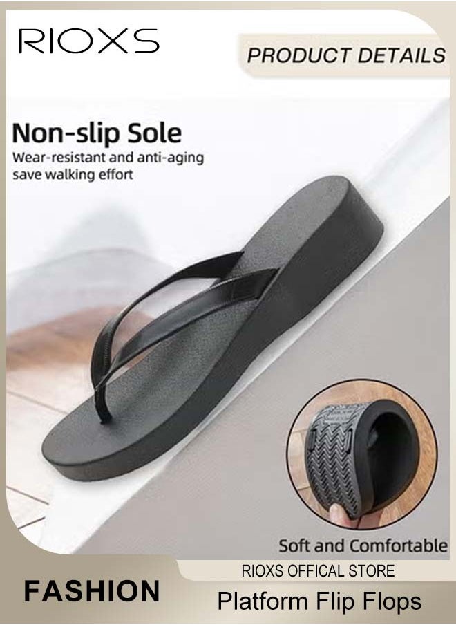 RIOXS Women's Flip Flop Slippers, Chunky Heel Slippers For Women, Non-Slip Thick Sole Platform Slippers, Ladies Casual Thong Sandals, Cozy Shower Slippers, Slides Sandal Slippers, Leisure Flip Flop For Women, Indoor Outdoor Slippers For Bathroom/ Beach/ Sand/ Pool Deck  - Image 3