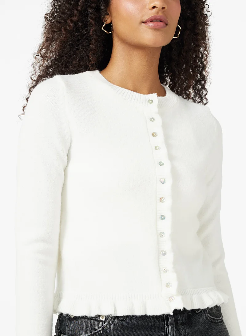 جينجر Slim Fit Button Down Cardigan with Frill Detail