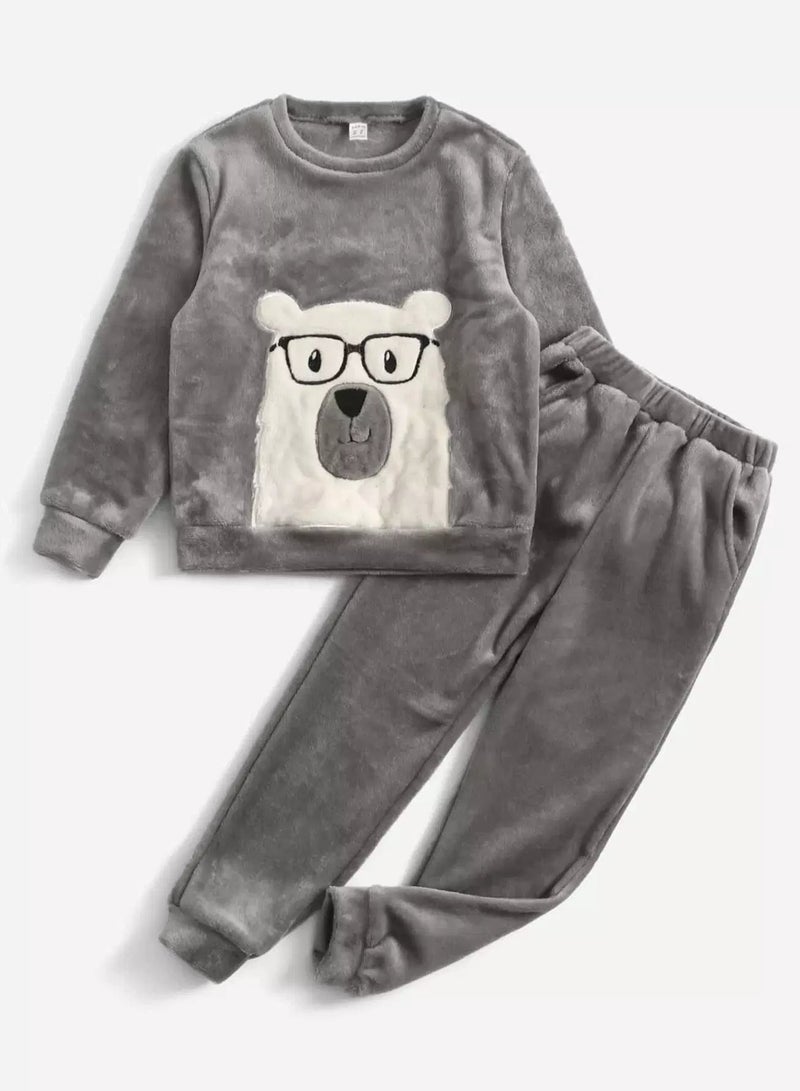 Boys Cartoon Embroidery Flannel Top & Pants PJ Set - Image 1