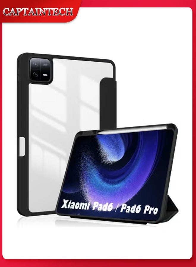 Captaintech Xiaomi Pad 6/Pad 6 Pro Case (11” 2023) – Transparent Hard Shell with Tri-Fold Stand u0026 Pen Holder | Auto Wake/Sleep Smart Cover - Image 1