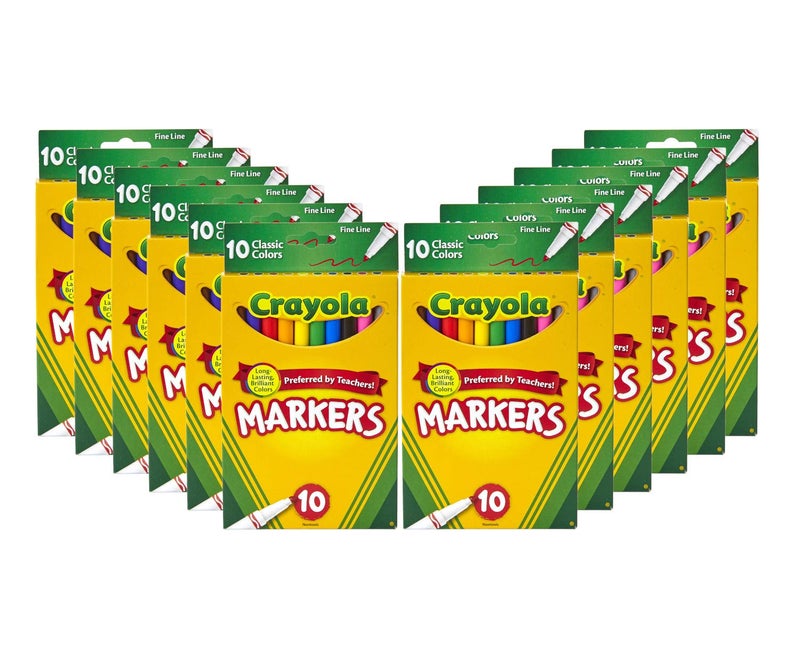 Crayola Fine Line Markers for Kids (12 Boxes), Bulk Coloring Markers for School, 10 Assorted Colors, Essential Teacher Classroom Supplies, Ages 3, 4, 5 - Image 1