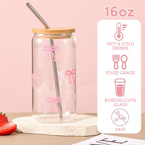 ANABIUP Coquette Cute Pink Bow Glass Cups with Lids and Straws, Aesthetic Iced Coffee Cup, Girly Preppy Design Tumbler Mug for Teen Girls Women Girlfriends Gifts - Image 3