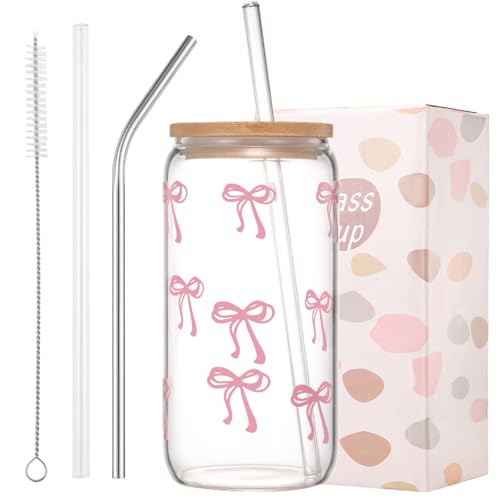 ANABIUP Coquette Cute Pink Bow Glass Cups with Lids and Straws, Aesthetic Iced Coffee Cup, Girly Preppy Design Tumbler Mug for Teen Girls Women Girlfriends Gifts - Image 1