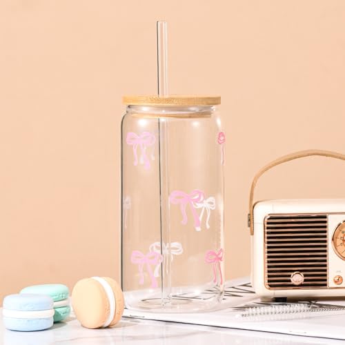 ANABIUP Coquette Cute Pink Bow Glass Cups with Lids and Straws, Aesthetic Iced Coffee Cup, Girly Preppy Design Tumbler Mug for Teen Girls Women Girlfriends Gifts - Image 2