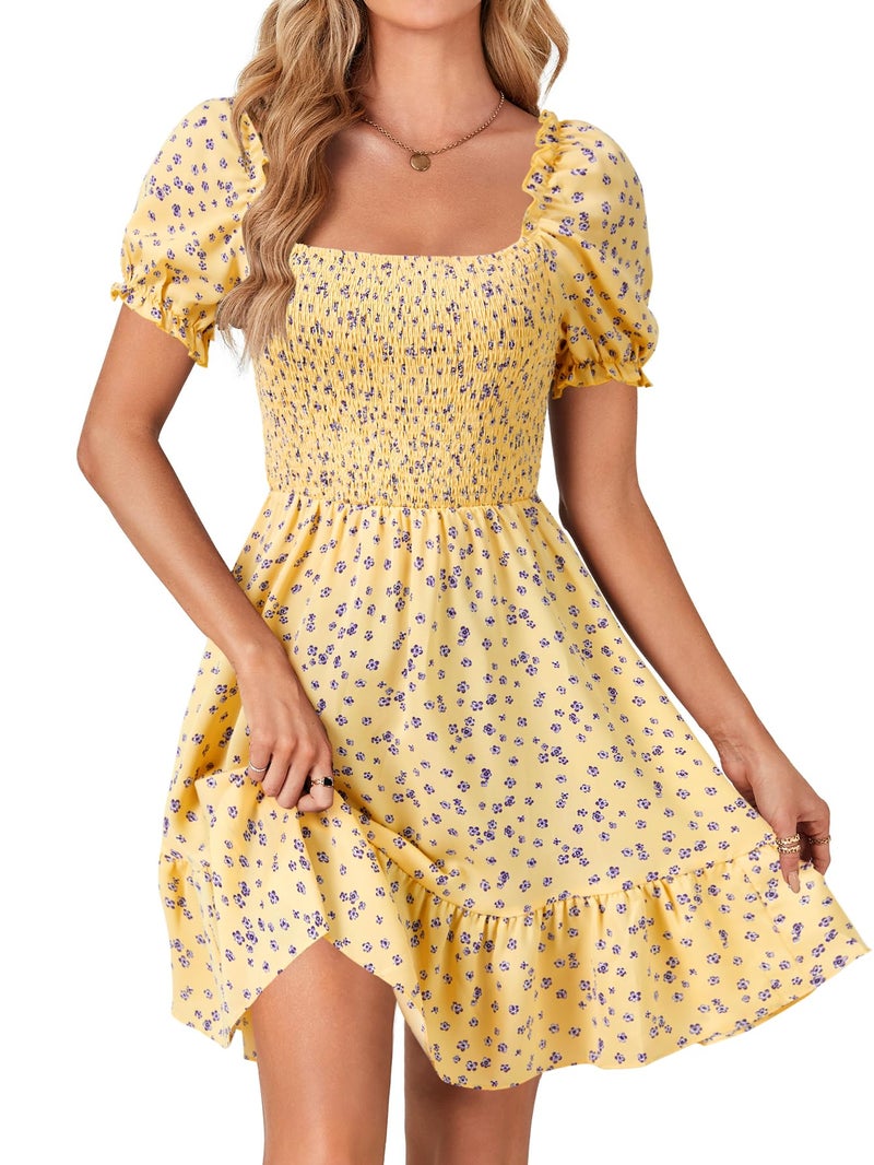 Rooscier Women's Summer Boho Floral Print Square Neck Smocked Ruffle Casual Sundress Mini Dress Navy Blue Floral Small - Image 1