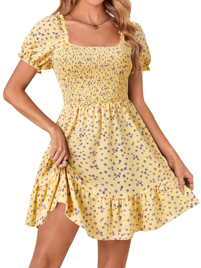 Rooscier Women's Summer Boho Floral Print Square Neck Smocked Ruffle Casual Sundress Mini Dress Navy Blue Floral Small - Image 4