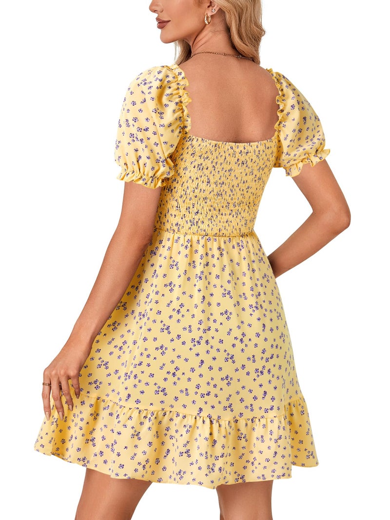 Rooscier Women's Summer Boho Floral Print Square Neck Smocked Ruffle Casual Sundress Mini Dress Navy Blue Floral Small - Image 5