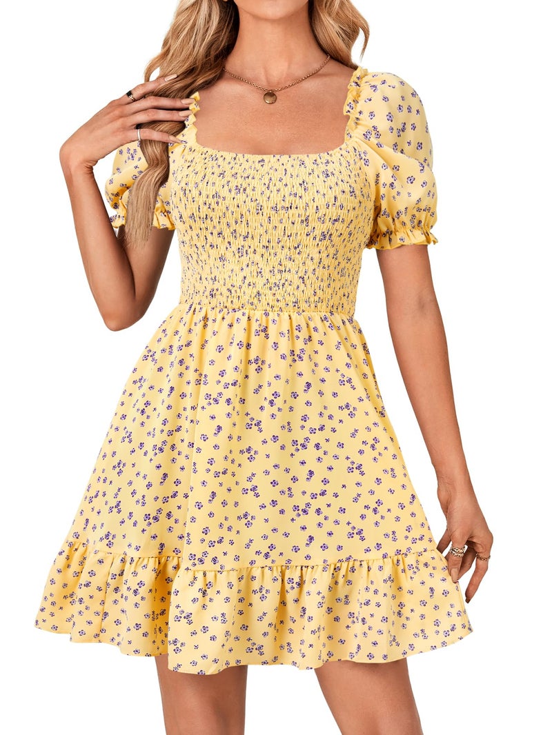 Rooscier Women's Summer Boho Floral Print Square Neck Smocked Ruffle Casual Sundress Mini Dress Navy Blue Floral Small - Image 2