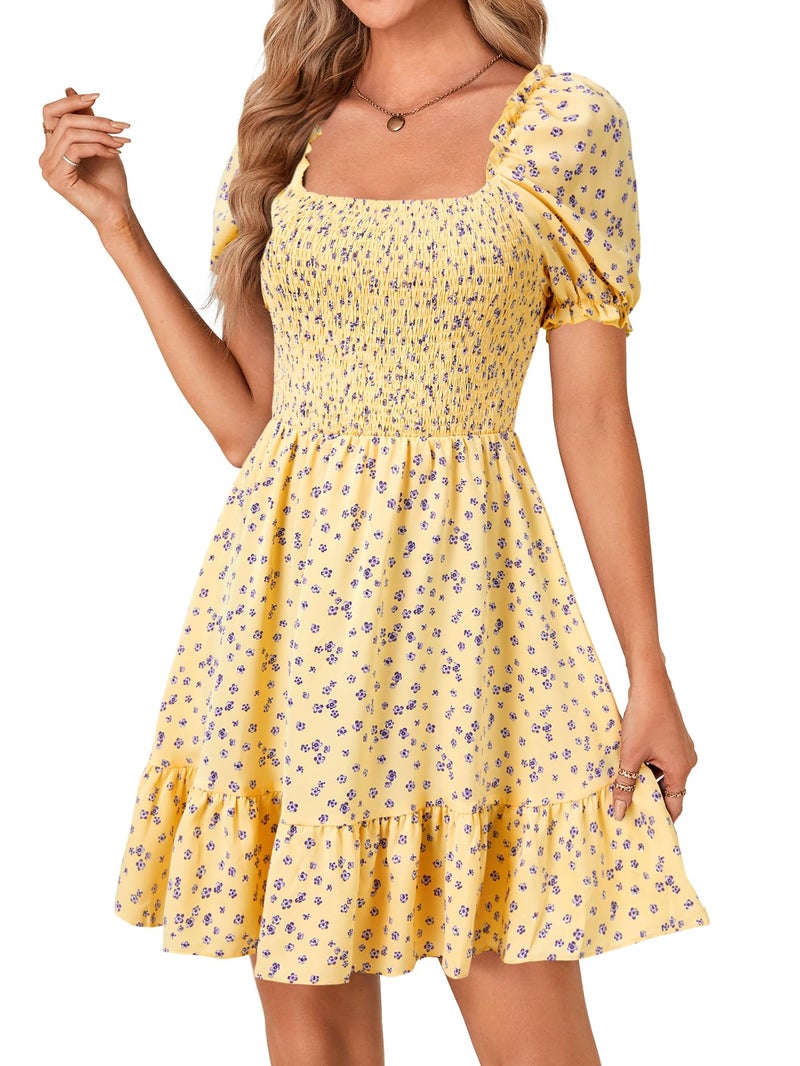 Rooscier Women's Summer Boho Floral Print Square Neck Smocked Ruffle Casual Sundress Mini Dress Navy Blue Floral Small - Image 3