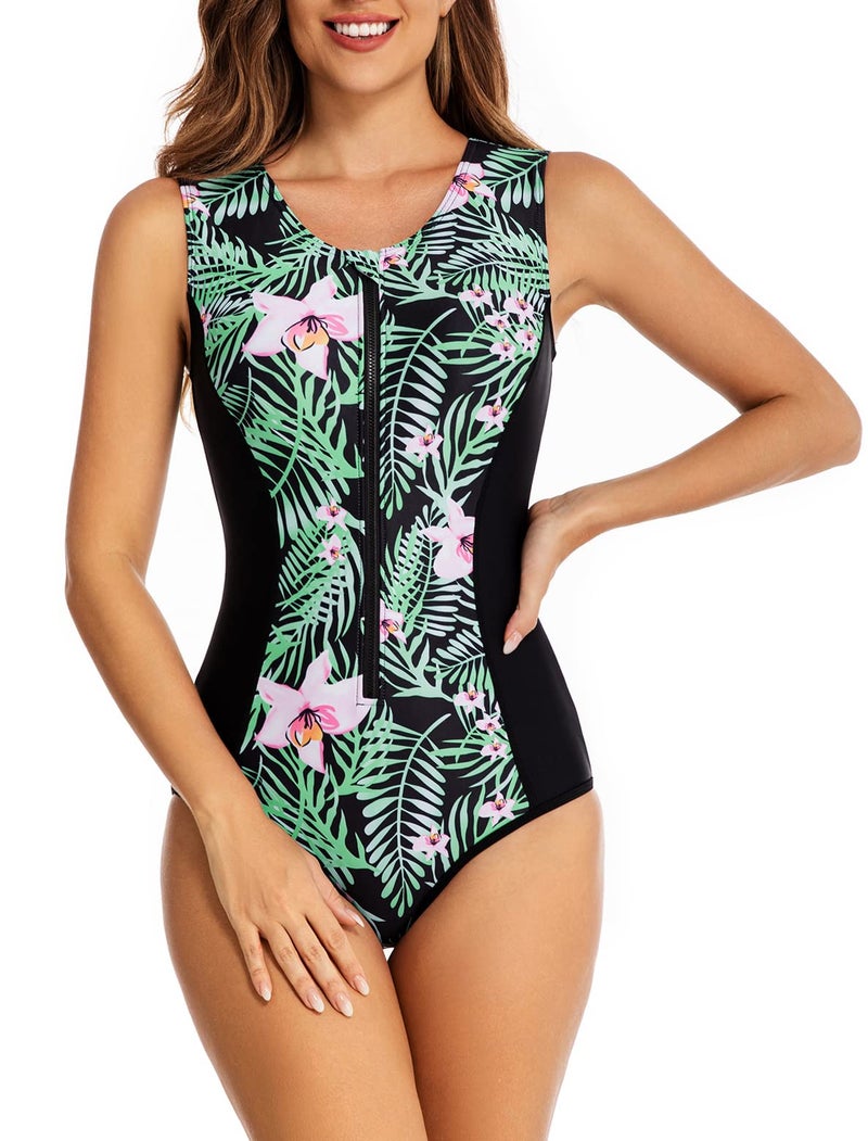 YATEEN Womens Rash Guard Zip Front Sleeveless One Piece Swimsuit - Image 2