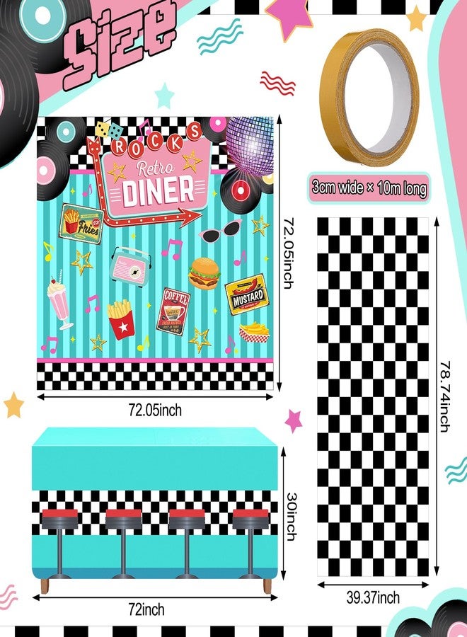 Moukeren 1950s Retro Diner Party Decor Backdrop 72" x 30" Tablecloth Checkered Floor Cover Back to 50's Retro Rock and Roll Diner Classic Decoration Banner Ock Hop Party Decor - Image 2