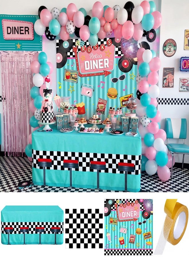 Moukeren 1950s Retro Diner Party Decor Backdrop 72" x 30" Tablecloth Checkered Floor Cover Back to 50's Retro Rock and Roll Diner Classic Decoration Banner Ock Hop Party Decor - Image 1