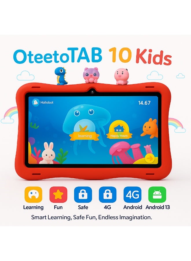 Oteeto TAB 10 Kids Tablet 10.1-Inch HD Display, Android 13, 6GB+128GB, 8000mAh, 4G LTE, Dual Camera, Shockproof Case with 5 Toys – Red - Image 4
