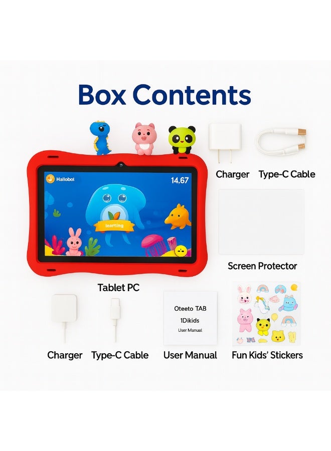 Oteeto TAB 10 Kids Tablet 10.1-Inch HD Display, Android 13, 6GB+128GB, 8000mAh, 4G LTE, Dual Camera, Shockproof Case with 5 Toys – Red - Image 5