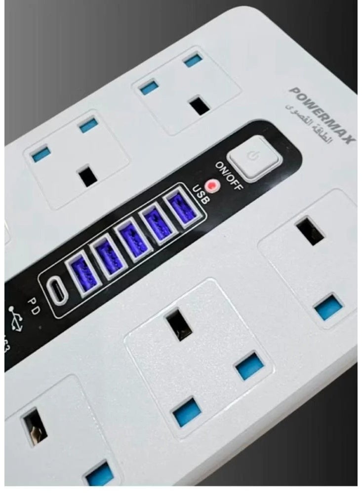 PowerMax Power Strip, Multi-function Power Socket, 6-Port Splitter with 5 USB Ports and 1 USB-C Port with Ultra-Fast PD Technology, Multi-Port Socket Suitable for All Devices, Very Long 5 Meters MX67 - Image 5