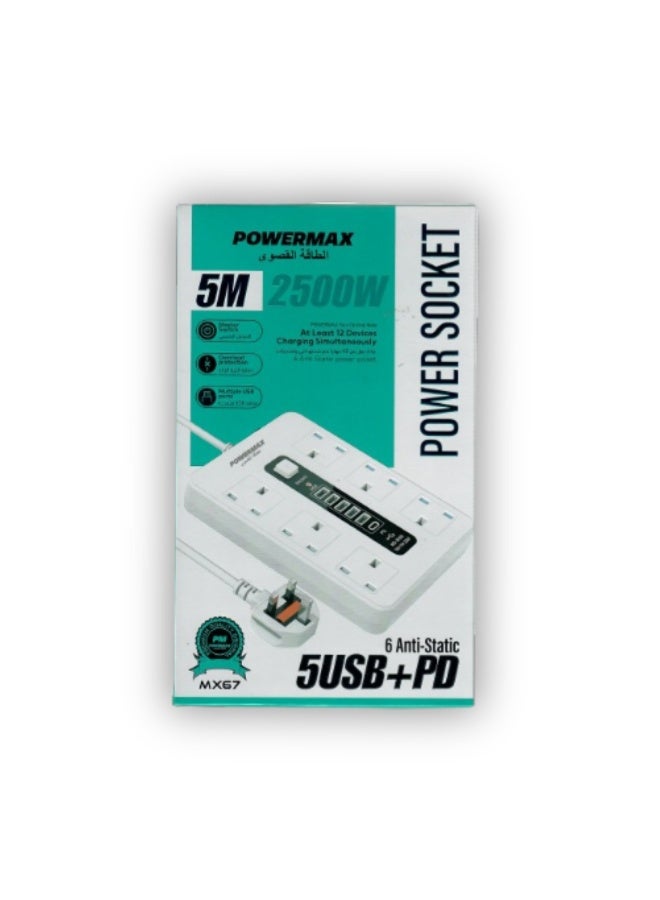 PowerMax Power Strip, Multi-function Power Socket, 6-Port Splitter with 5 USB Ports and 1 USB-C Port with Ultra-Fast PD Technology, Multi-Port Socket Suitable for All Devices, Very Long 5 Meters MX67 - Image 4