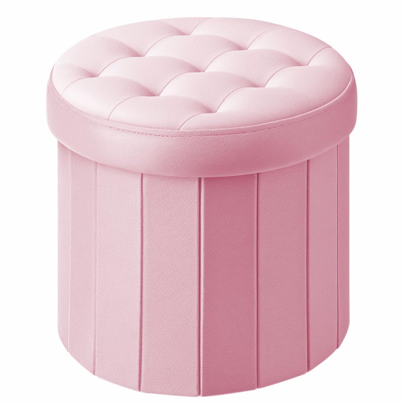 Bsketa Folding Storage Ottoman Round 14 x 14 x 13Inch Foot Stool with Thicker Foam Padded Seat Small Velvet Storage Ottoman Bench Foot Rest for Living Room Foldable Coffee TablePink