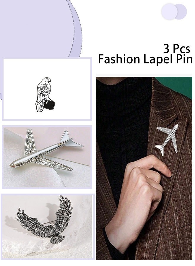 roaiss 3 Pcs Brooch Set for Men, Animal Enamel Pins, Airplane Lapel Pins, Vintage Gold Eagle Badge, Men's Suit Shirt Jewelry Accessories - Image 1