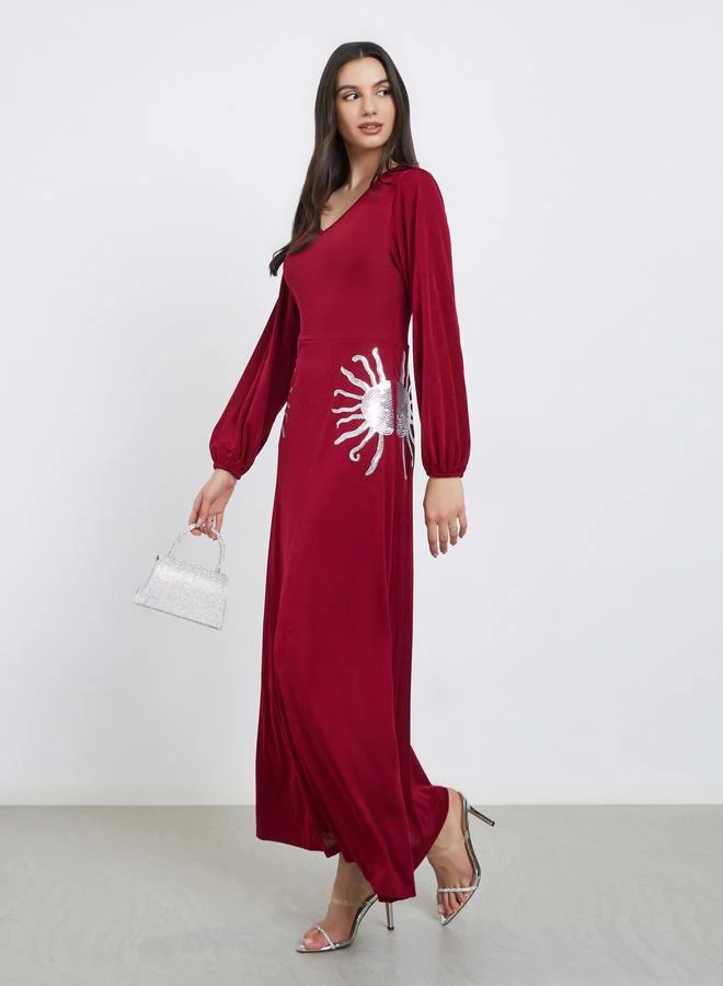 Styli Burgundy Embellished A-Line Maxi Dress