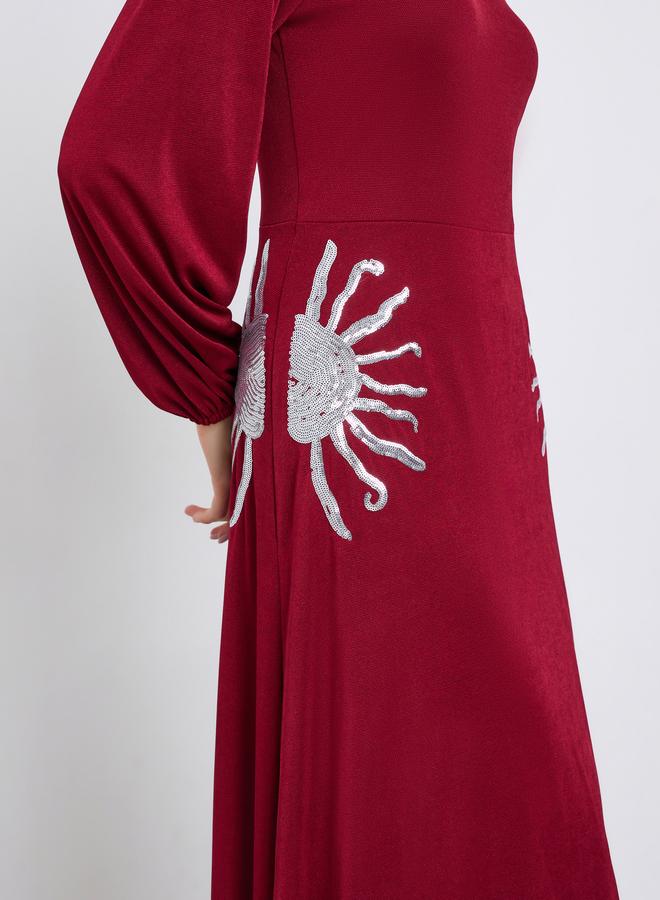 ستايلي فستان طويل خمري مزين بحافة واسعة - Image 4