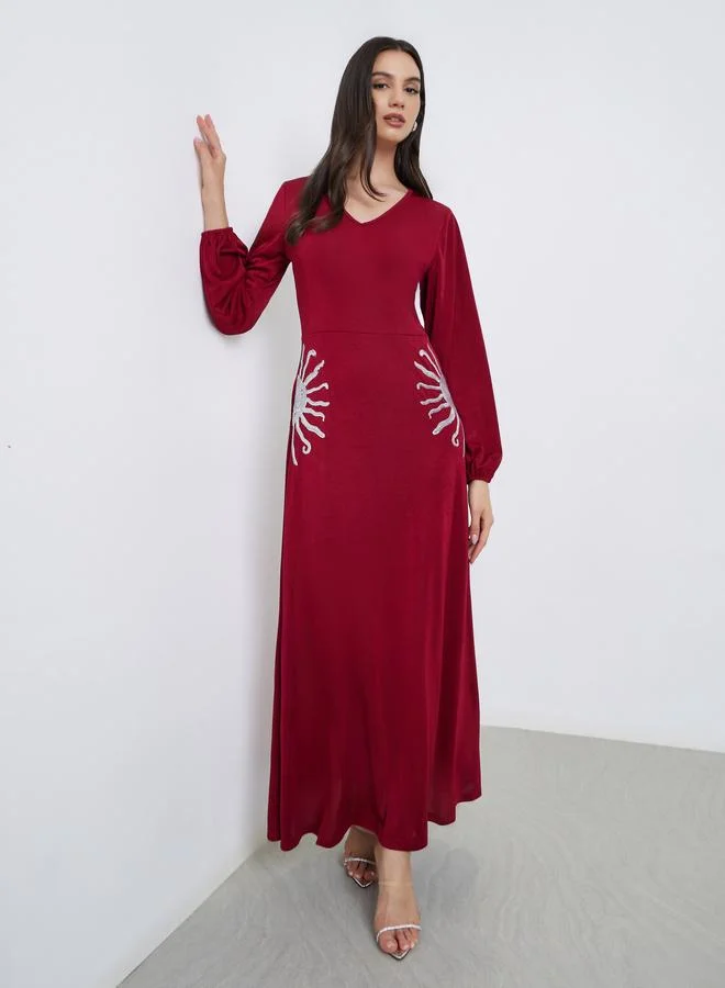 Styli Burgundy Embellished A-Line Maxi Dress