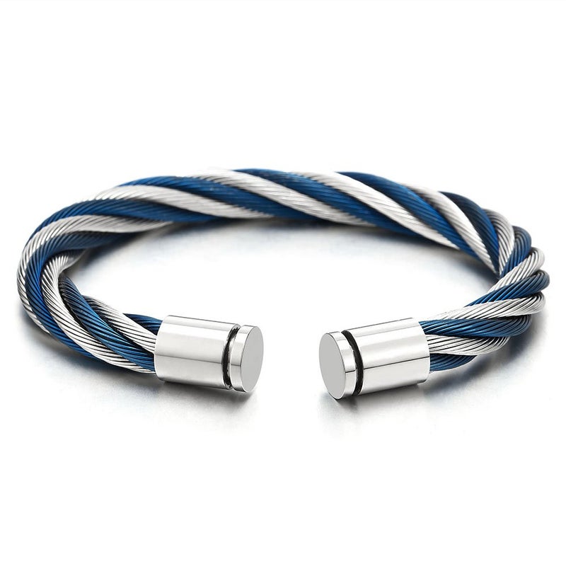 COOLSTEELANDBEYOND Large Elastic Adjustable Steel Twisted Wire Cuff Bangle Bracelet for Men Women Blue Silver Two-Tone - Image 1