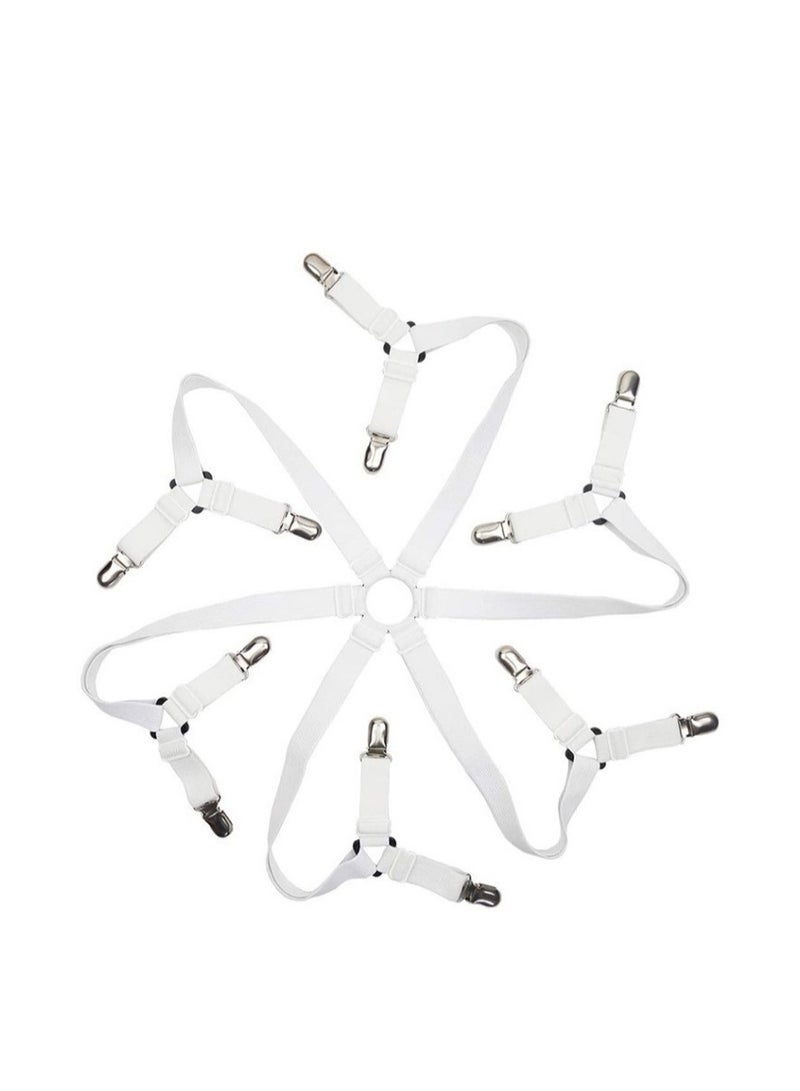 Bed Sheet Holder Straps, Adjustable Premium Fitted Suspenders with 6 Way Cross Elastic Bands and Corner Clips, for Bedding Mattress Fasteners(White)