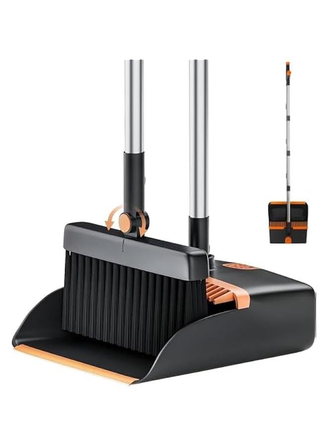 MIXDE Dustpan and Brush Set Long Handled, 180 Rotating Sweeping Brush, 48 Stainless Steel Handle Broom with Comb Teeth for Indoor Outdoor Garden Home Room Kitchen Office Lobby (Orange) - Image 1