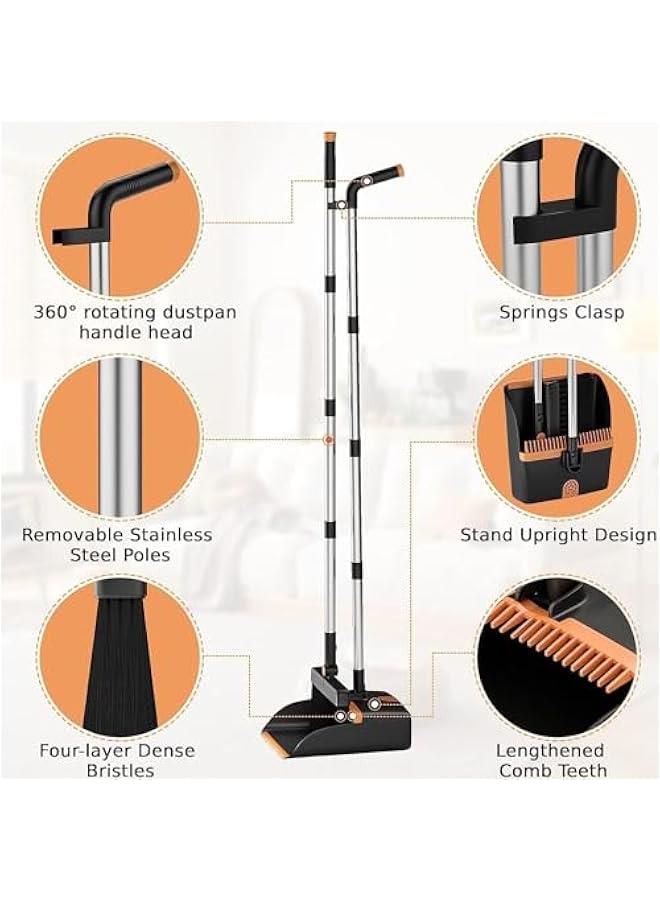 MIXDE Dustpan and Brush Set Long Handled, 180 Rotating Sweeping Brush, 48 Stainless Steel Handle Broom with Comb Teeth for Indoor Outdoor Garden Home Room Kitchen Office Lobby (Orange) - Image 3
