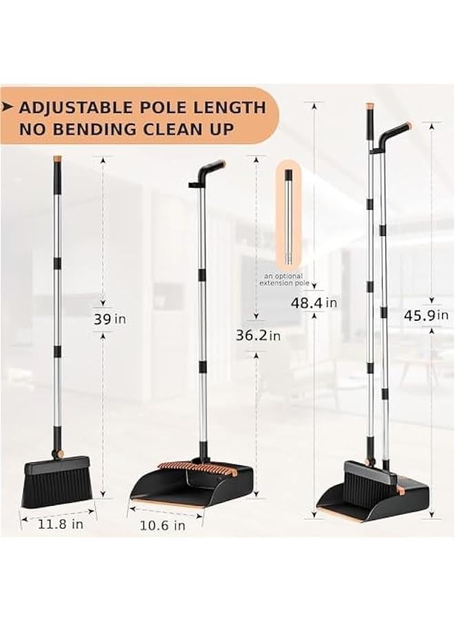 MIXDE Dustpan and Brush Set Long Handled, 180 Rotating Sweeping Brush, 48 Stainless Steel Handle Broom with Comb Teeth for Indoor Outdoor Garden Home Room Kitchen Office Lobby (Orange) - Image 2