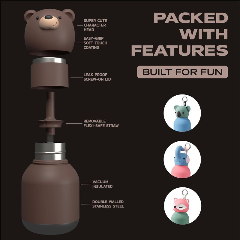 asobu Mini Bestie Kids Water Bottle Cute Collectible Character for Girls & Boys Leakproof Stainless Steel, 6.7oz, BPA-Free with Strap & Clip Insulated Bottle for School, Travel & Gifting - Image 4