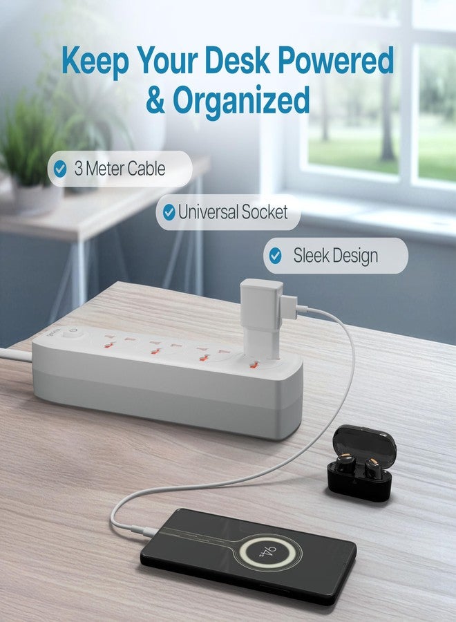 Geonix PowerSpan S4 Pro | Extension Board with 4 Universal Sockets with on Off Button, 3mtr Long Copper Cable, 2500 Watts, 10 Amp Multi Plug for Office & Home Appliances (White) - Image 5