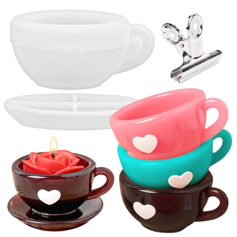 Dacies Resin Molds Coffee Cup with Saucer Silicone Mold for Resin Epoxy Casting Candle Vessel Craft Mould Jewelry Container Coaster Tray Candlestick Concrete Plaster Art Teacup Molds DIY Valentine's Day Gift - Image 1